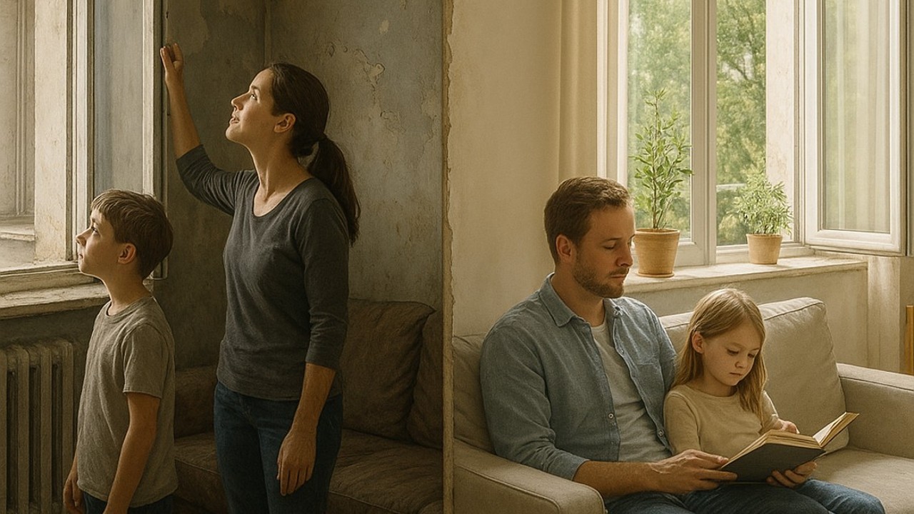 Illustration de deux familles dans deux environnements oppoés : une mère et son fils dans un logementinsalubre mal isolé et un père et sa fille dans un logement confortable