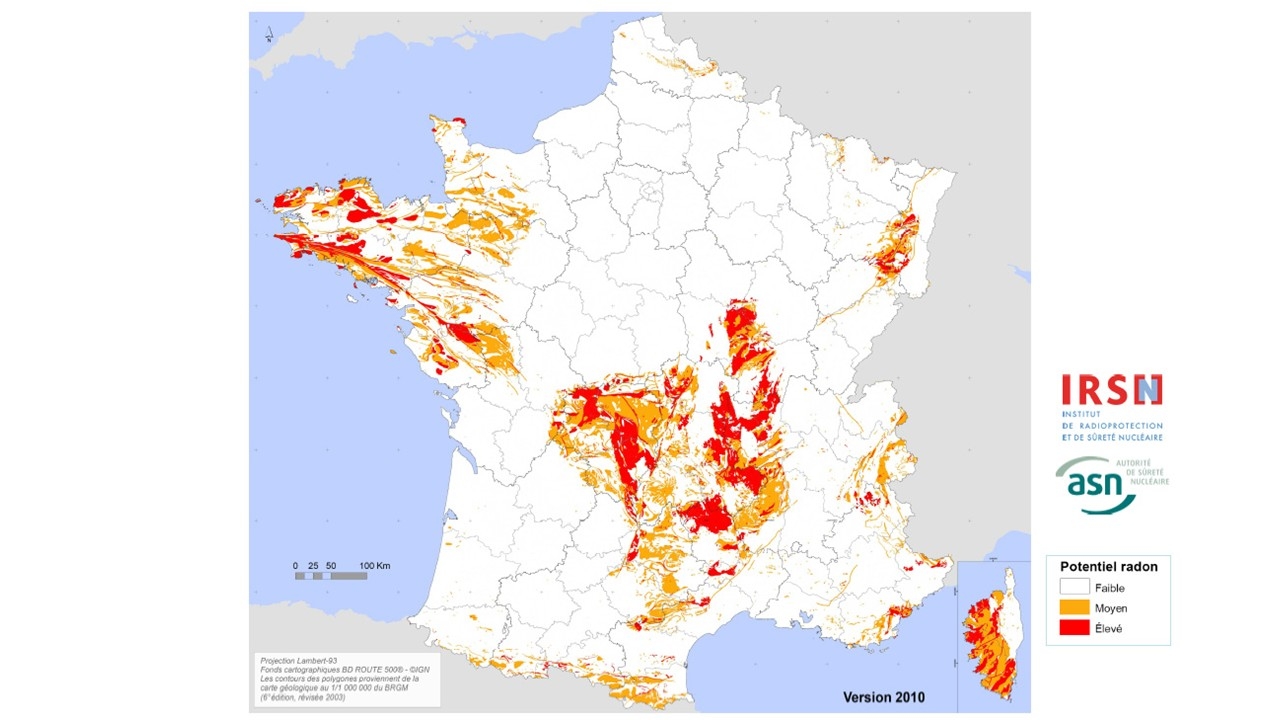 Carte IRSN du potentiel radon des formations géologiques, version 2010 à l'échelle 1/1 000 000