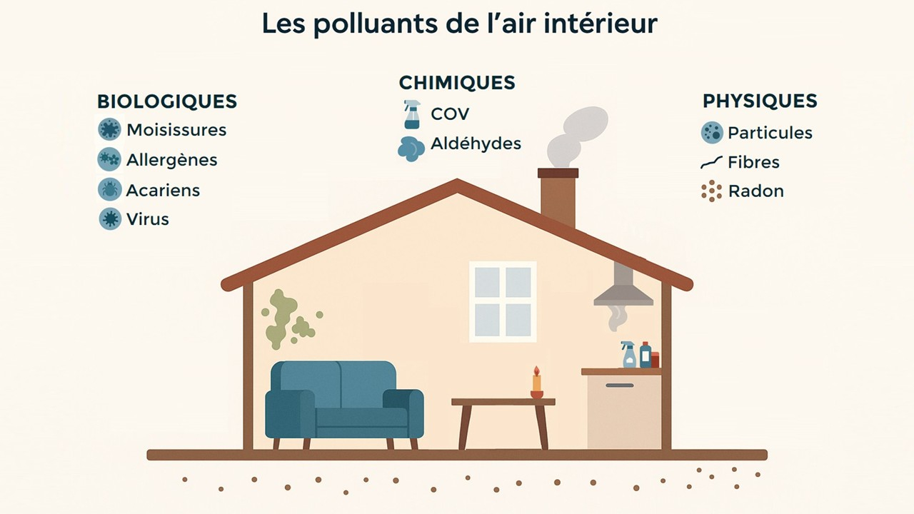 Illustration d’une maison présentant les principaux polluants de l’air intérieur : moisissures sur un mur, produits ménagers et fumées de cuisson pour les sources chimiques, ainsi que particules, fibres et radon. Des pictogrammes indiquent allergènes, acariens, virus, COV et aldéhydes.