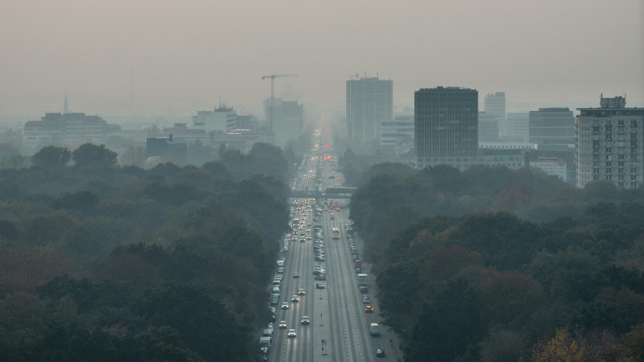 Une route fréquentée mène à une ville polluée par un léger brouillard gris