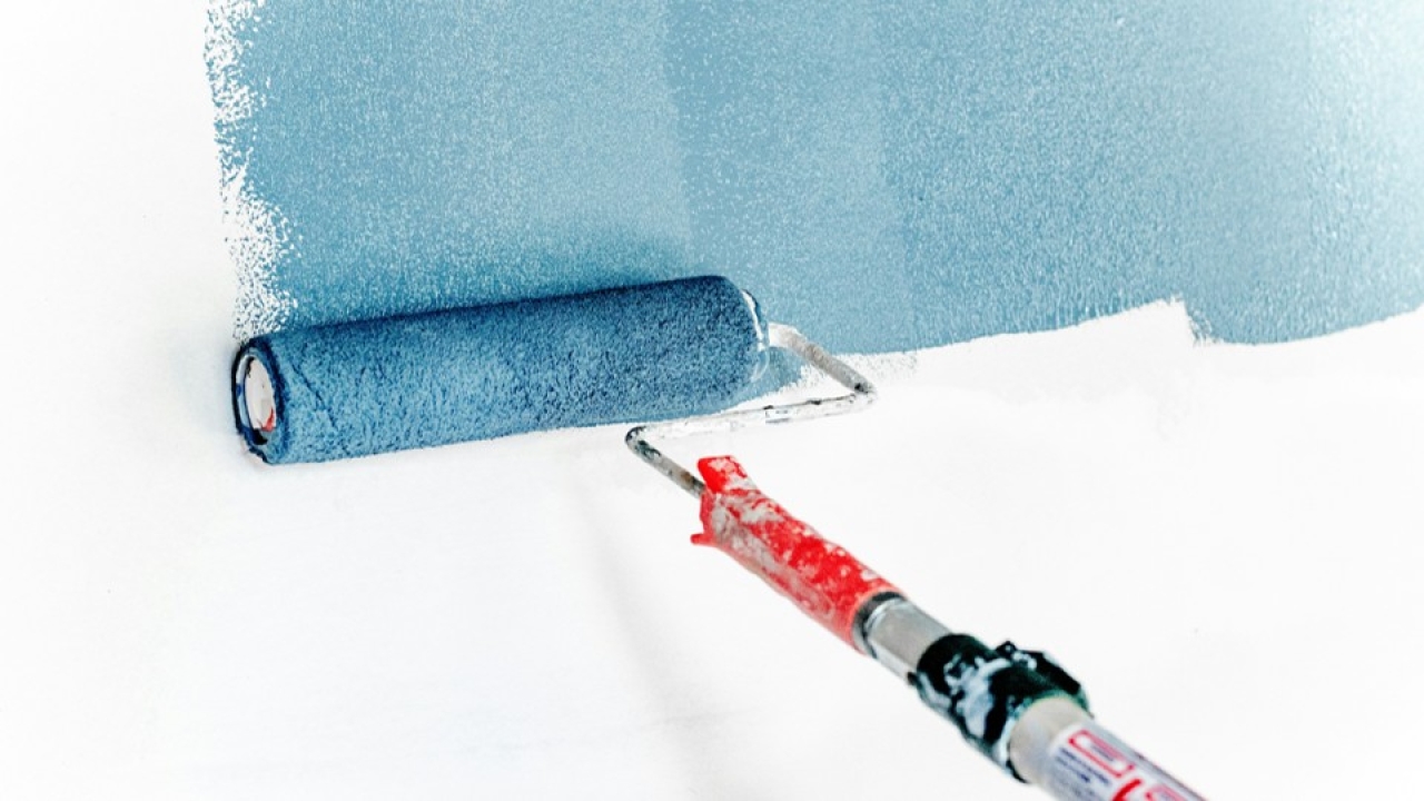 Un rouleau avec de la peinture recouvre une surface murale blanche