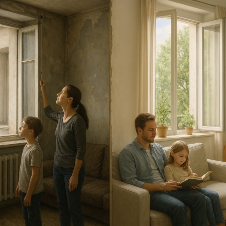 photographie coupée en deux représentant une famille dans un logement insalubre à gauche puis une famille dans un logement sain à droite
